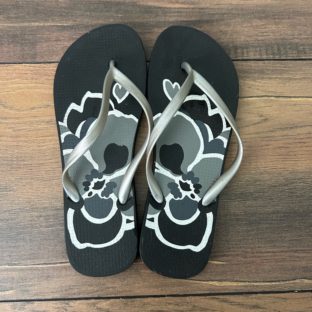 Black and Silver Flower Flip Flops